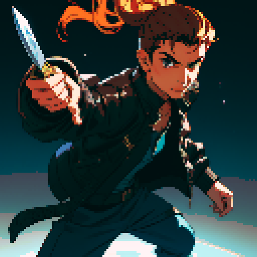 male character, holding two knives, space pirate, brown leather jacket,  retro video game style, pixelated details, no background, dynamic poses