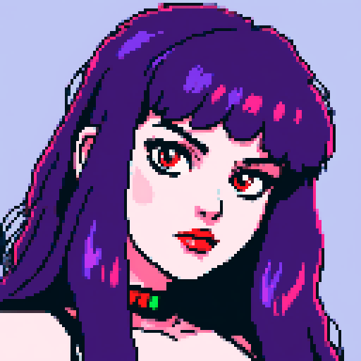 Thicc, busty goth girl, long purple hair, eyeliner, red lipstick, nude breast, spiked collar, up close face portrait, vibrant sega genesis palette, nude pixel art portrait,
