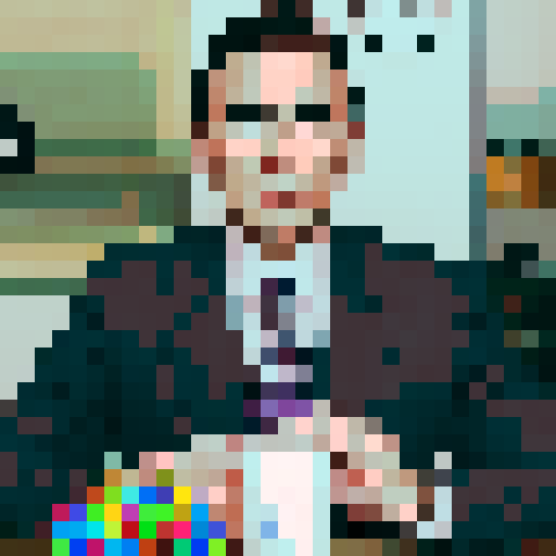 Middle-aged Caucasian male with receding dark hair, dressed in a business suit. Expressive eyebrows and a slightly bemused expression, symmetrical image 