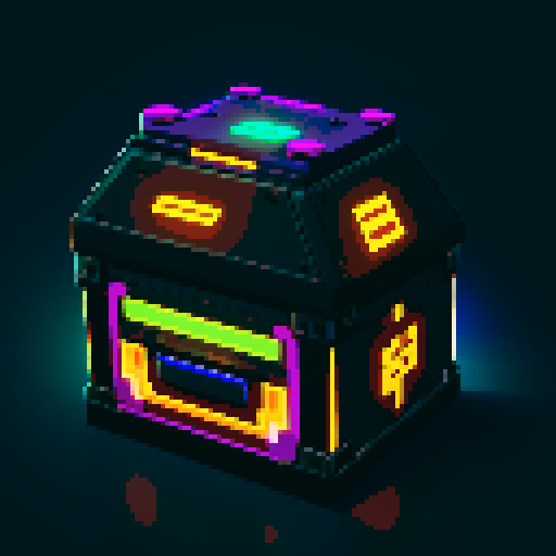 futuristic lootbox, rectangular, 2 tiers, glowing buttons, intricate details, pixel art style, sRGB