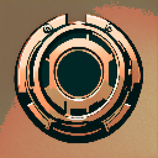 I want a horizontally wide circular copper attachment port. It should be viewed directly from the side. I want this object usable an asset in a videogame, meaning only one object per image, outlined with a strong black stroke, on a solid-color background. 