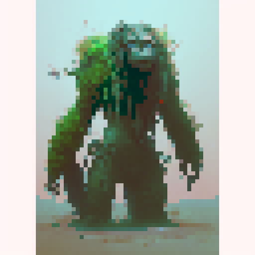 swamp monster made of moss and vines with twigs sticking out, and a dark face with red eyes