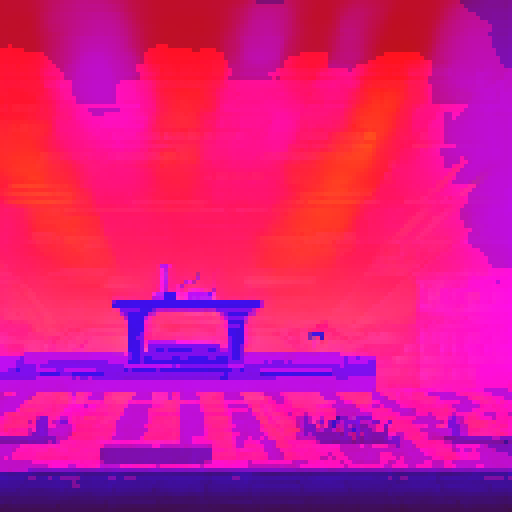 night club, DJ booth, pixel art, sRGB, big room, crowded foreground, platform along bottom, dark dramatic lighting, club lighting, background landscape