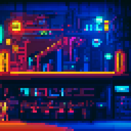 Create a pixel art illustration of a cyberpunk bar with a detailed bar counter. The scene should have a side-scroll perspective, capturing the bustling atmosphere typical of 2D games. Make sure to include neon lights, futuristic decor, and characters interacting within the bar. The image should have a trendy and stylish aesthetic, reflecting the vibrant and edgy nature of the cyberpunk genre.