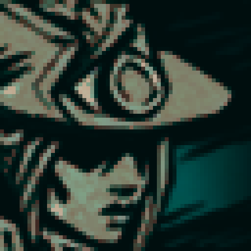 A sharp, pixelated blade slices through the sRGB-colored sky, framed by a background of jagged mountains and a sprawling landscape below, all rendered in a stunningly detailed pixel art style