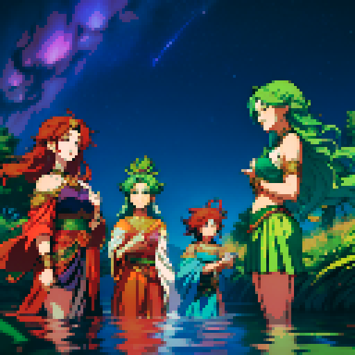 Four goddesses creating the world. One goddess is a deity of fire with red hair. One goddess is a deity of water with blue hair. One goddess is a deity of nature with green hair. One goddess is a deity of stars and night with purple hair.