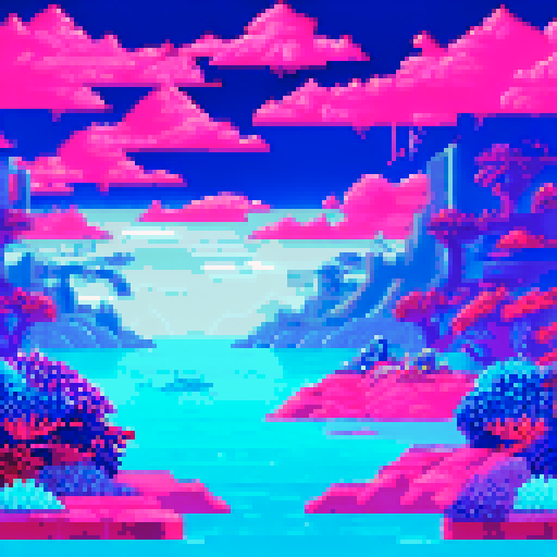 Deep sea underwater background with pixel art sea creatures, vibrant colors, detailed coral reefs, and a serene sRGB landscape, blue and red tones cyberpunk. Exclude any clouds, background must be water with light reflections