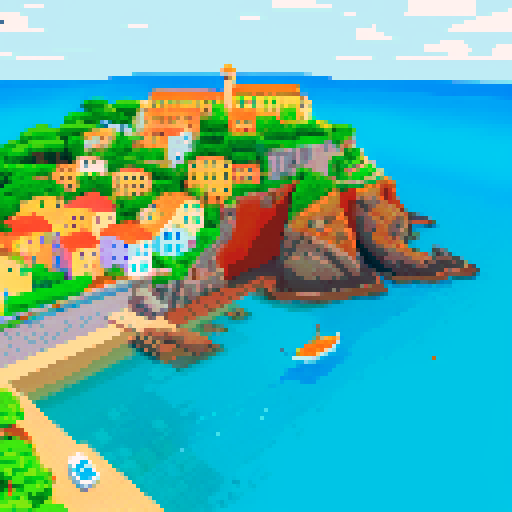 island with orange-roofed Italian homes, boats, small beach, pixel art, sRGB