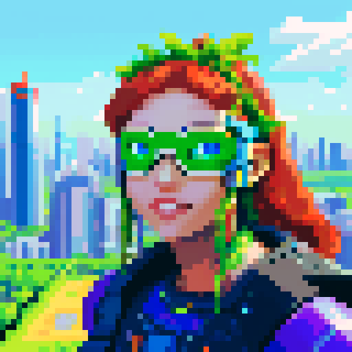 solarpunk American messiah, vibrant colors, lush greenery, futuristic cityscape, towering solar panels, gleaming skyscrapers, pixel art, sRGB