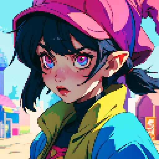 hung over jester, jrpg style, earthbound style, sRGB, pixel art, disheveled hair, bloodshot eyes, droopy hat, colorful costume, exaggerated features, vibrant palette, retro aesthetic