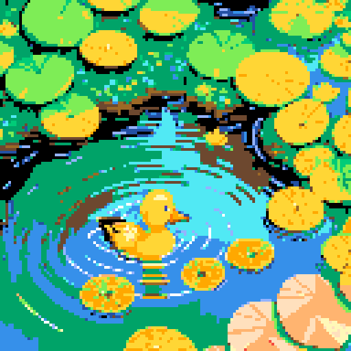 yellow duck in a pond, surrounded by lush greenery and reflecting sunlight in a serene pond with shimmering ripples and pixelated waves, creating a tranquil atmosphere in a picturesque landscape with vibrant colors using intricate pixel art in the sRGB palette