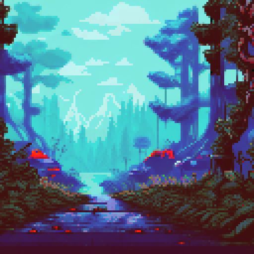 post-apocalyptic scene hidden in the woods, abandoned machinery, rusted pipes, overgrown vines, decaying buildings, shattered windows, eerie silence, nature reclaiming, vibrant pixelated colors, sRGB palette, atmospheric landscape
