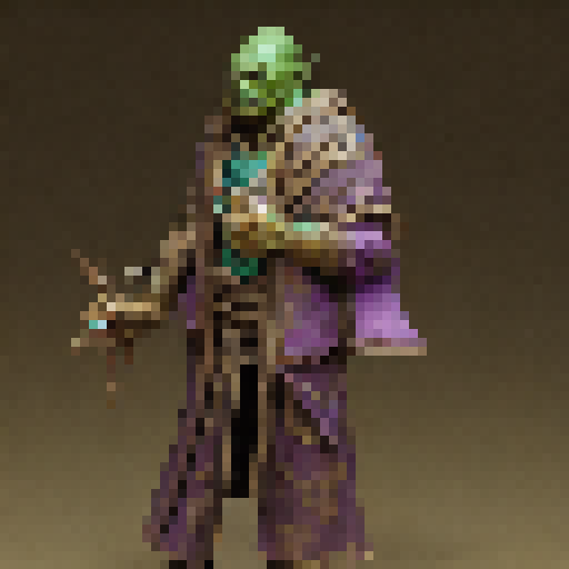 an orc warlock in a tarnished robe, holding a glowing staff