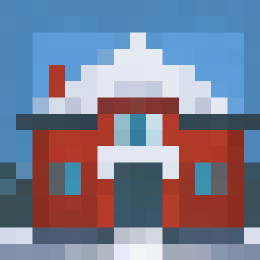 cozy house covered in snow, Christmas decorations, warm glow from the windows, smoke rising from the chimney, snow-covered roof, icicles hanging from the eaves, tree branches dusted with snow, twinkling lights, frosted window panes, pixelated details