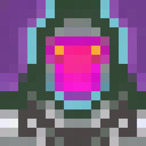 Create a 16x16 pixel portrait of an otherworldly avatar with glowing eyes, metallic armor, and flowing tendrils of neon energy surrounding their ethereal form