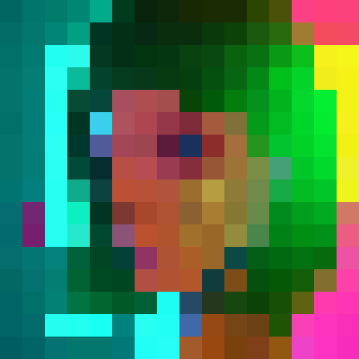 Female AI entity, futuristic cyberpunk, vibrant neon colors, glowing circuitry, mechanical augmentations, pixelated 16x16 game icon, close-up portrait, striking purple hair, piercing green eyes, metallic faceplate, intricate digital patterns, glitching holographic display