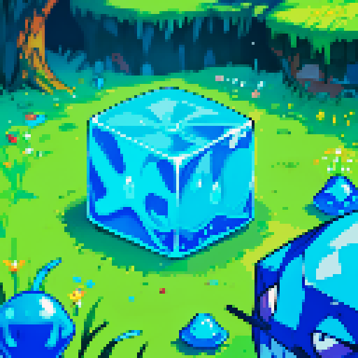 Blue Slime cube, Gelatinous cube, giant Slime, boss fight, grasslands