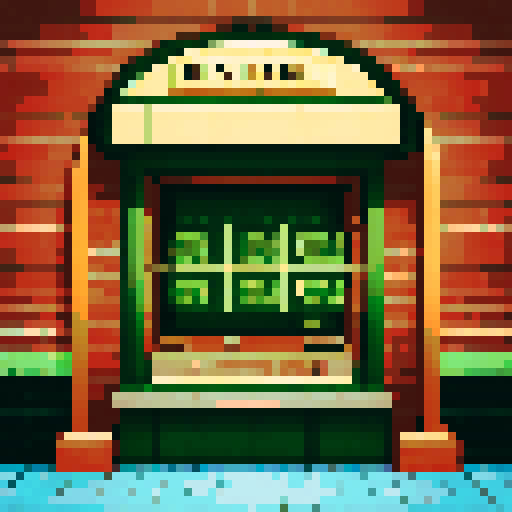 Old-school bank, vintage teller window, pixelated dollar bills, sRGB colors, brick exterior, retro vault door