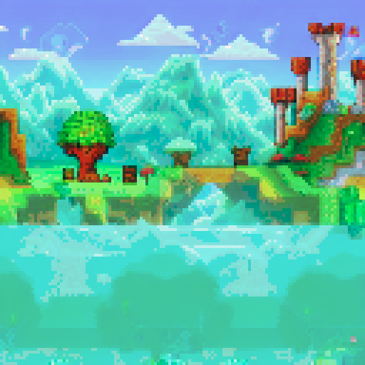 Cozy green clearing, majestic "Bone Castle", beautiful trees, vibrant flowers, sRGB pixel art, warm atmosphere, side view game, terraria style