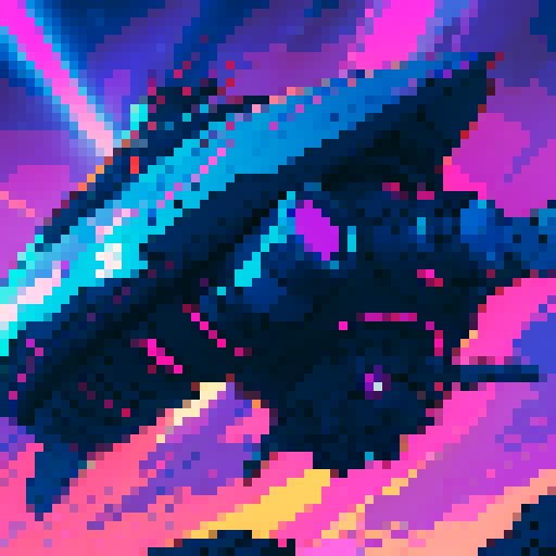 futuristic spaceship hovering, rocky planet beneath, vibrant sky swirling with neon hues, game icon inspired, sRGB, pixel art