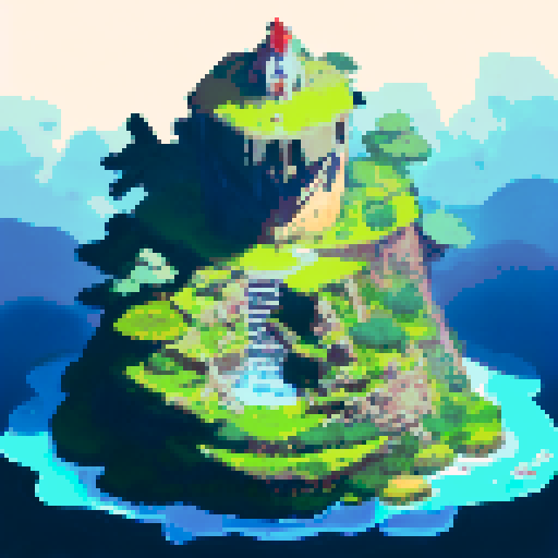 Floating castle with cascading waterfalls, surrounded by fluffy white clouds, perched on a mountain peak overlooking a vast, lush green landscape, depicted in a portrait style.