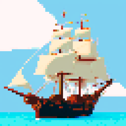 Pirate ship, large cannons, two white square sails, facing North, 3/4 view, transparent background, sRGB, pixel art
