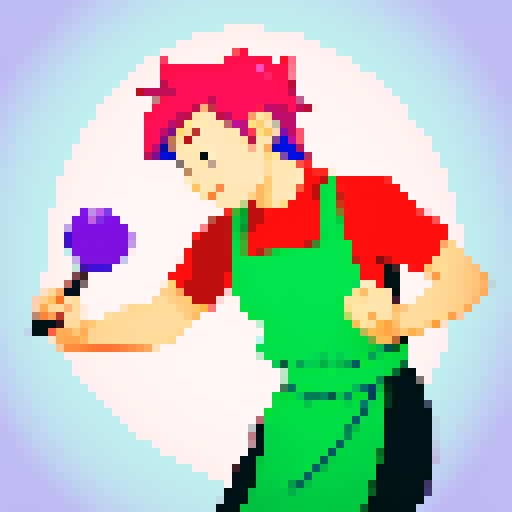 Cute, vibrant, playful chef, apron, juggling utensils, action shot, pixel art, colorful, no background just the character, sRGB