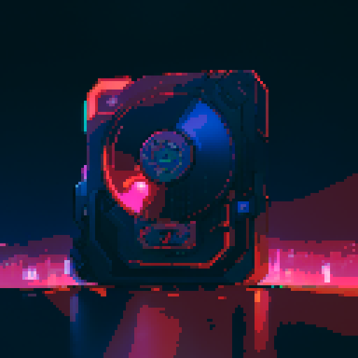 Futuristic hard drive, glowing neon circuitry, metallic casing, pixelated digital display, sRGB color palette, retro pixel art