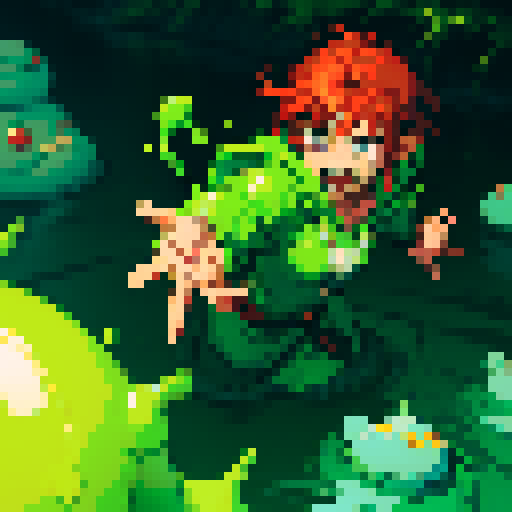 hero sinking into slime, hero drowning in slime, hero has red hair, hero has silver armor, reaching up, panic, sinking deep into slime