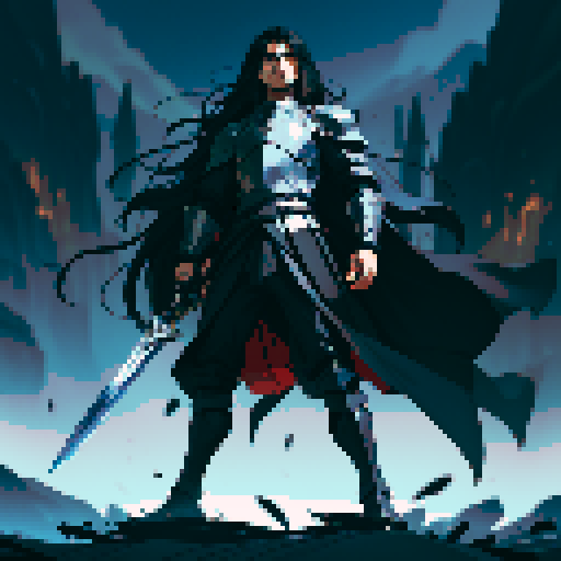 full-body image, male knight, man in black armor, giant sword, long black hair, sexy, male dark knight, giant sword, huge long sword, long hair