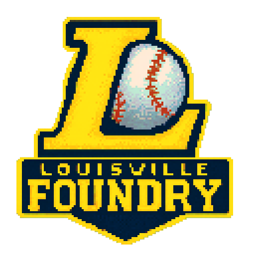 Pixel art of a fictional baseball team called the Foundry. Just showcase a "L" for Louisville. Yellow, dark blue and gray, sharp outlines, and soft pixel shading. The logo design mimics 80s MLB logos. Use a vibrant Sega Genesis 16-bit style with selective dithering, geometric forms, and nostalgic retro charm. Avoid modern gradients—keep it pure pixel art.