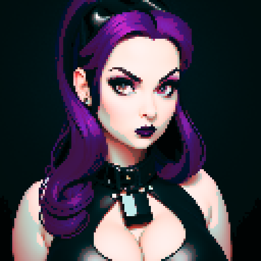 curvy, busty goth girl, whole head portrait, face portrait, close up, glamour shot, leather halter top, modern tile backsplash, vivid colors, pixel art, sRGB