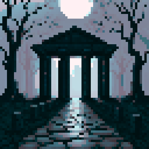 Foggy, white and gray swamp, cracked cobble stone floor, black bare trees, dark vines, moonlit sky, distant ruins of temples, eerie calm, pixel art, sRGB
