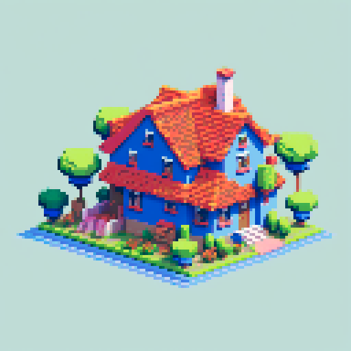 simple, silly house, pixel art, sRGB, vibrant colors, cartoonish, exaggerated proportions, quirky roof, cheerful atmosphere, playful details