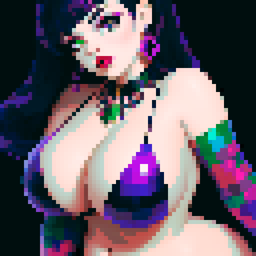 curvy, cute goth girl with purple hair, green eyeshadow, and red lipstick, in a nude glamour shot, rendered in pixel art with vibrant sRGB colors