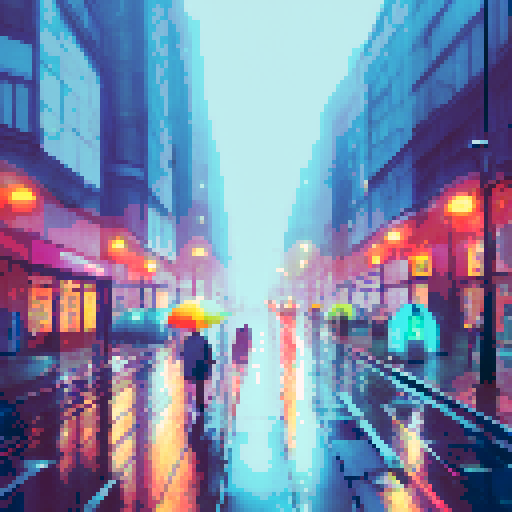 rain-soaked streets, towering skyscrapers, vibrant neon lights, cascading water droplets, misty reflections, umbrella-clad pedestrians, foggy silhouettes, glistening pavement, moody atmosphere, dramatic cityscape