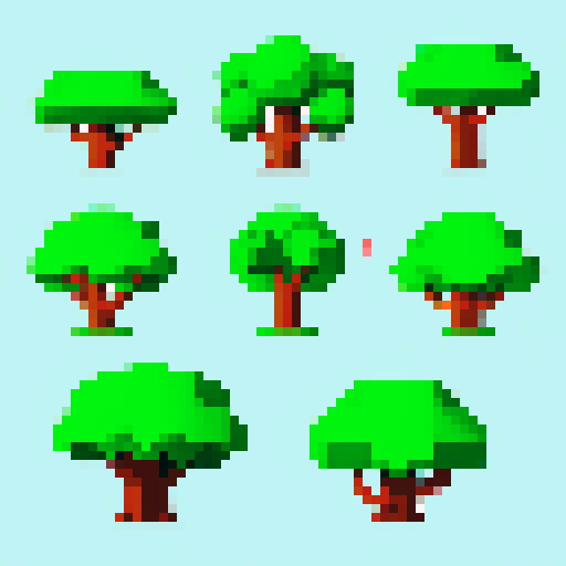 sprite set for various trees in a futuristic island world