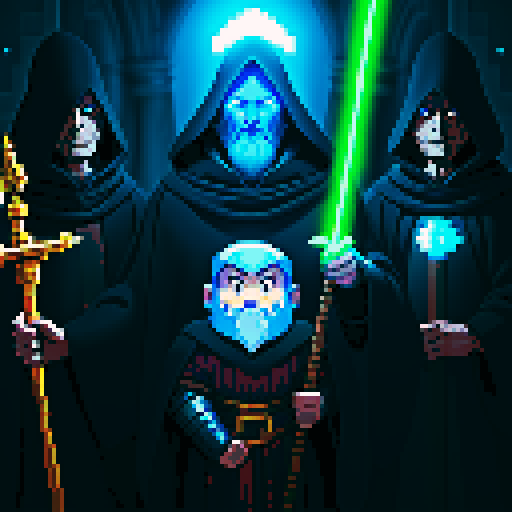 three men, archmage and his apprentices , magic staff, light at the archmage, dark place, king with staff, glowing eyes, eyes darken