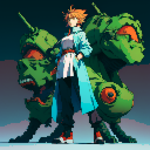 full-body image of mad scientist with a giant robot