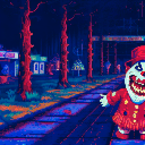 Blood-curdling clown with sharp teeth and glowing eyes lurking in an abandoned carnival-themed indoor playground filled with decrepit toys and surrounded by a dark, eerie landscape with pixelated, sRGB-style background