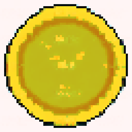 Pixelated gold retro game coin, sparkling and shimmering, surrounded by vibrant 8-bit flowers and trees, set against a nostalgic sRGB pixel art background depicting a serene and captivating landscape