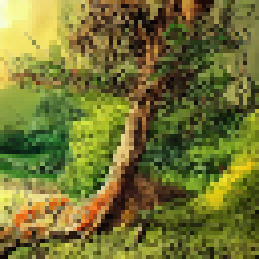 Vibrant hues of green and brown blend together in a majestic forest, surrounded by a lively park, captured in a stunning landscape portrait.