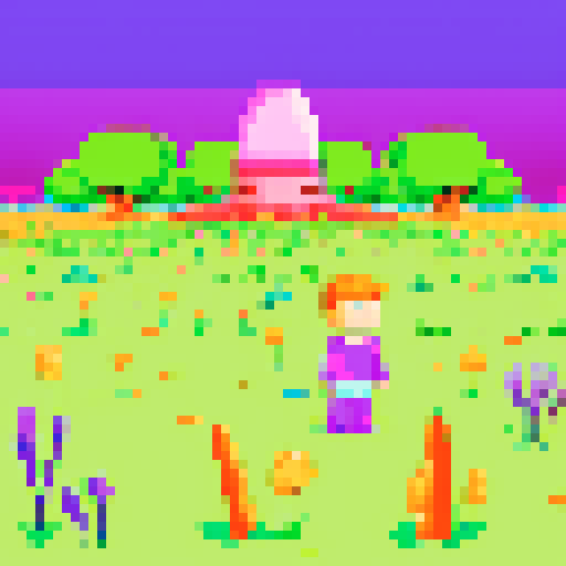 Odd world, lime green grass, purple ocean, pink sky, gigantic carrots, boy in blue pajamas