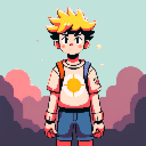 a kid with open arms, and a headpiece that resembles the sun, and a detail in his clothes on the chest area that resembles the moon. the background looks like outerspace.
