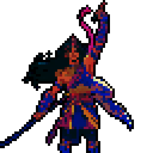 Arjuna, fierce warrior, with flowing hair, holding a bow, standing tall, in vibrant pixelated glory, surrounded by vivid colors, radiating energy