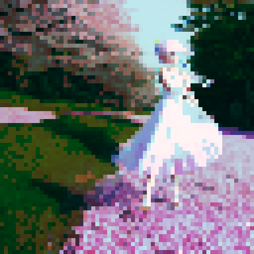 White-haired anime girl twirling in a flowy, ethereal dress amidst cherry blossom petals and a soft, pastel-colored sky