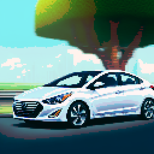 Photorealistic, centered Hyundai Elantra in a three quarter view, right wheel in front, clean background, pixel art style with sRGB colors
