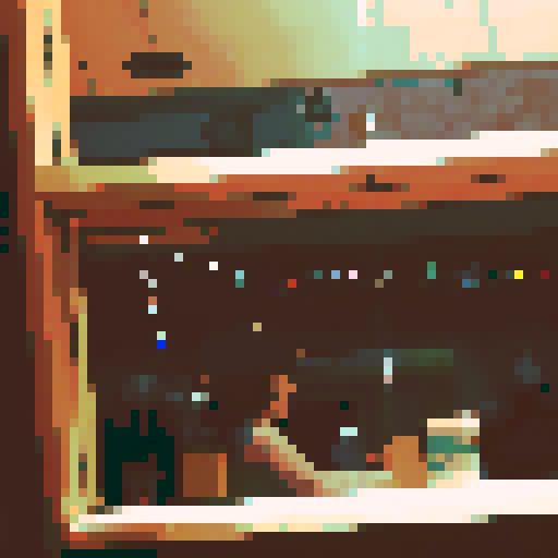 boy with long hair, hat on, bottle next to him, unbothered, mirror reflecting party behind him, only a few other people in the room, pixel art