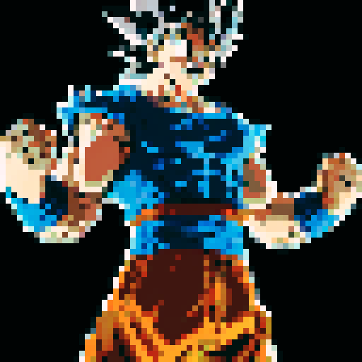 Create a 60x60 pixel art of Goku, with accurate features: spiky hair, orange and blue suit. It should mimic the anime’s style, resembling classic 8-bit video game art and be highly recognizable. try to generate this into a full body shot 