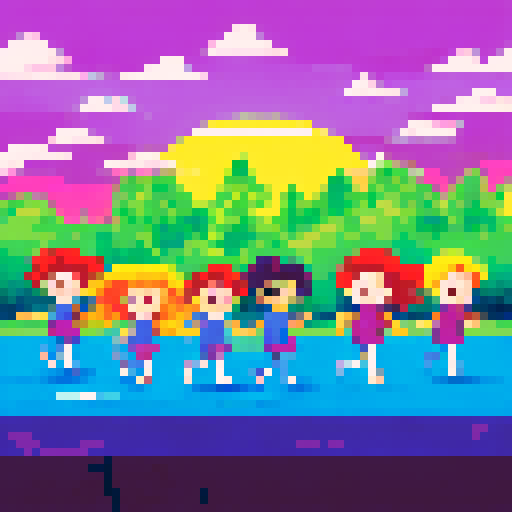 A colorful, pixelated panorama captures a group of ecstatic educators dashing out of a school, their flowing garments and wind-blown hair set against a verdant, sun-drenched backdrop, their expressions brimming with elation and relief